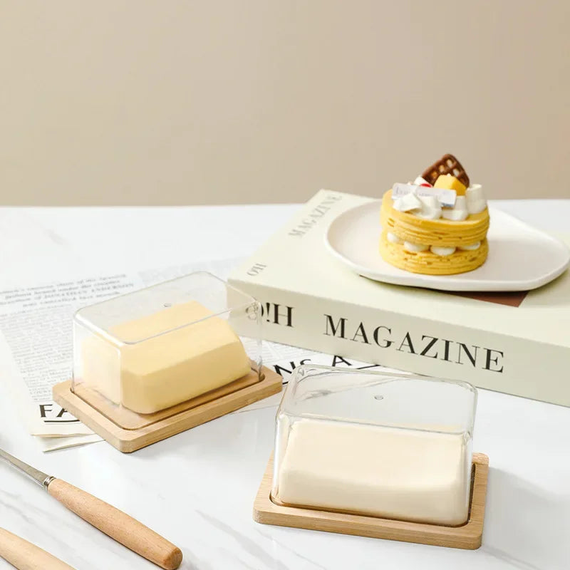 Nordic Countertop Bamboo Butter Dish Plate with Transparent Acrylic Lid Kitchen Storage Butter Container Box Butter Tableware