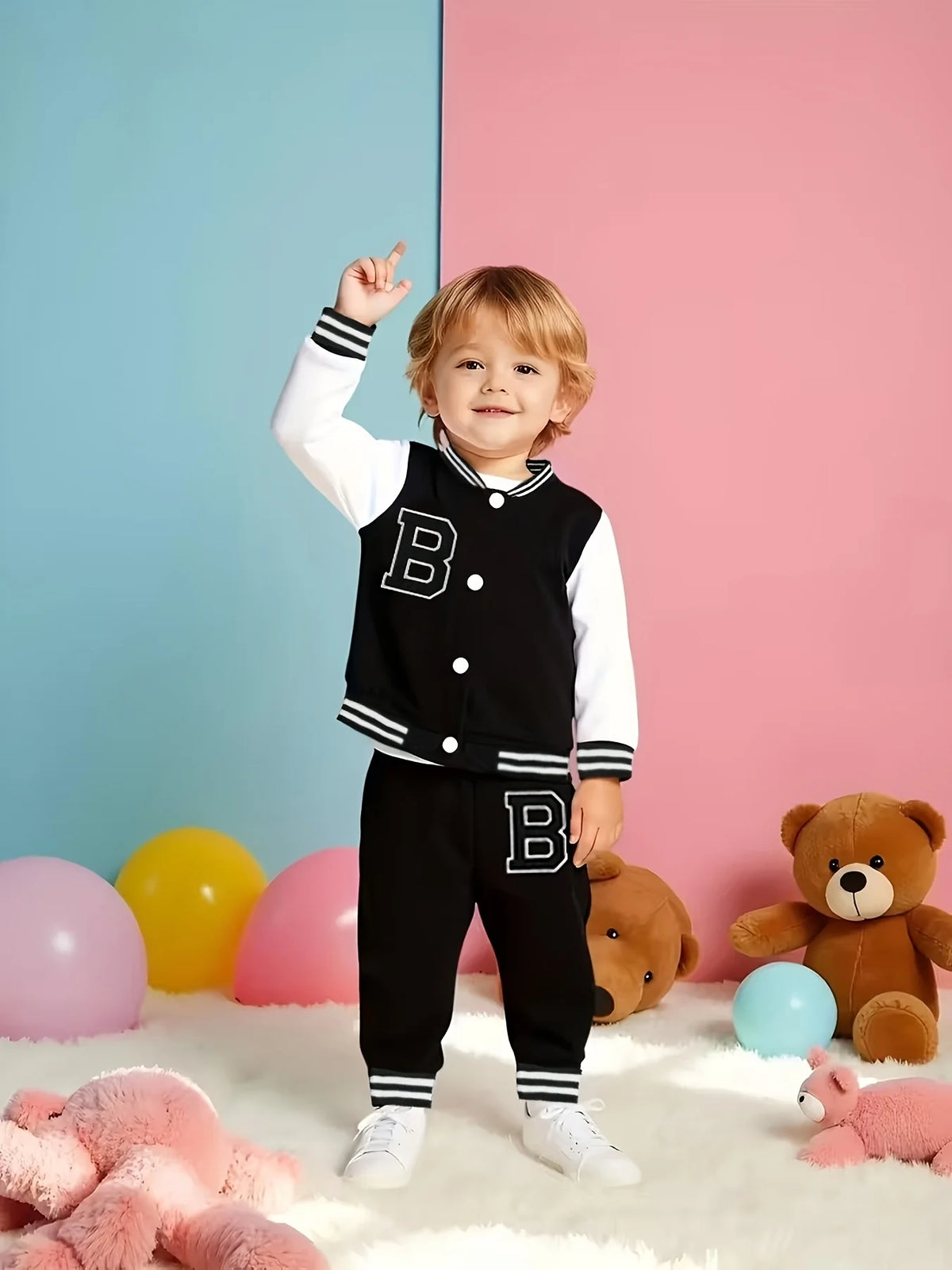 "Boys' Baseball Jacket Set | Black & White 'B' Embroidery - Varsity Jacket & Jogger Pants Two-Piece"