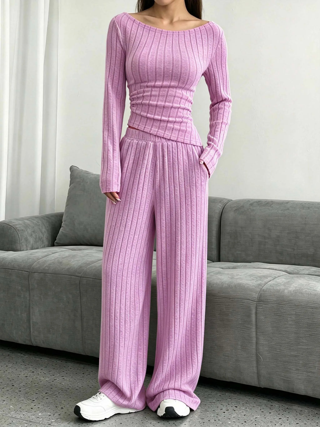 Women Ribbed Knit 2 Piece Outfit, Off‑Shoulder Long Sleeve Top & Elastic High Waist Wide Leg Pants with Side Pockets