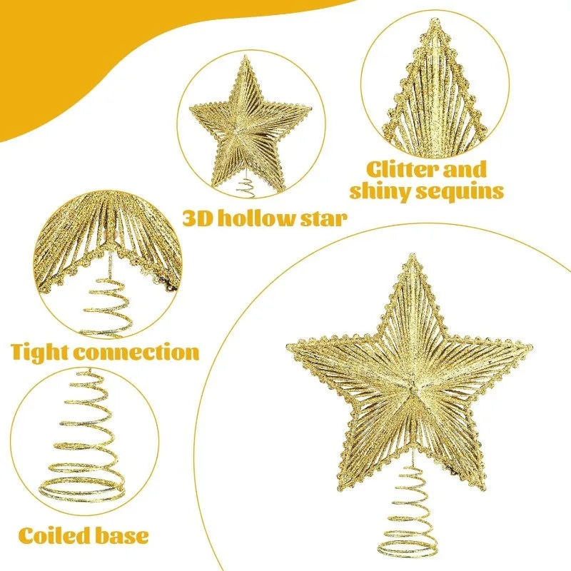 Christmas Tree Top Decor Glitter Hollow Star for Home Room Decoration Xmas Tree Ornaments Navidad New Year 2025 Gift Accessories