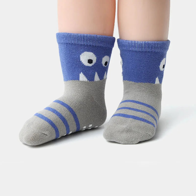 6 Pairs Kids Non-Slip Socks Cute Cartoon Dinosaur Pattern Boys Floor Socks Comfortable Breathable for Toddler Learning to Walk