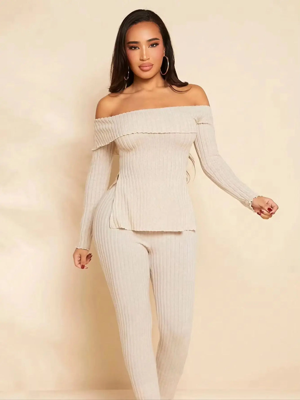 Women 2 Piece Ribbed Outfit, Off Shoulder Fold‑Over Long Sleeve Top & High Waist Skinny Pants Set, Casual Knit Matching Loungewe