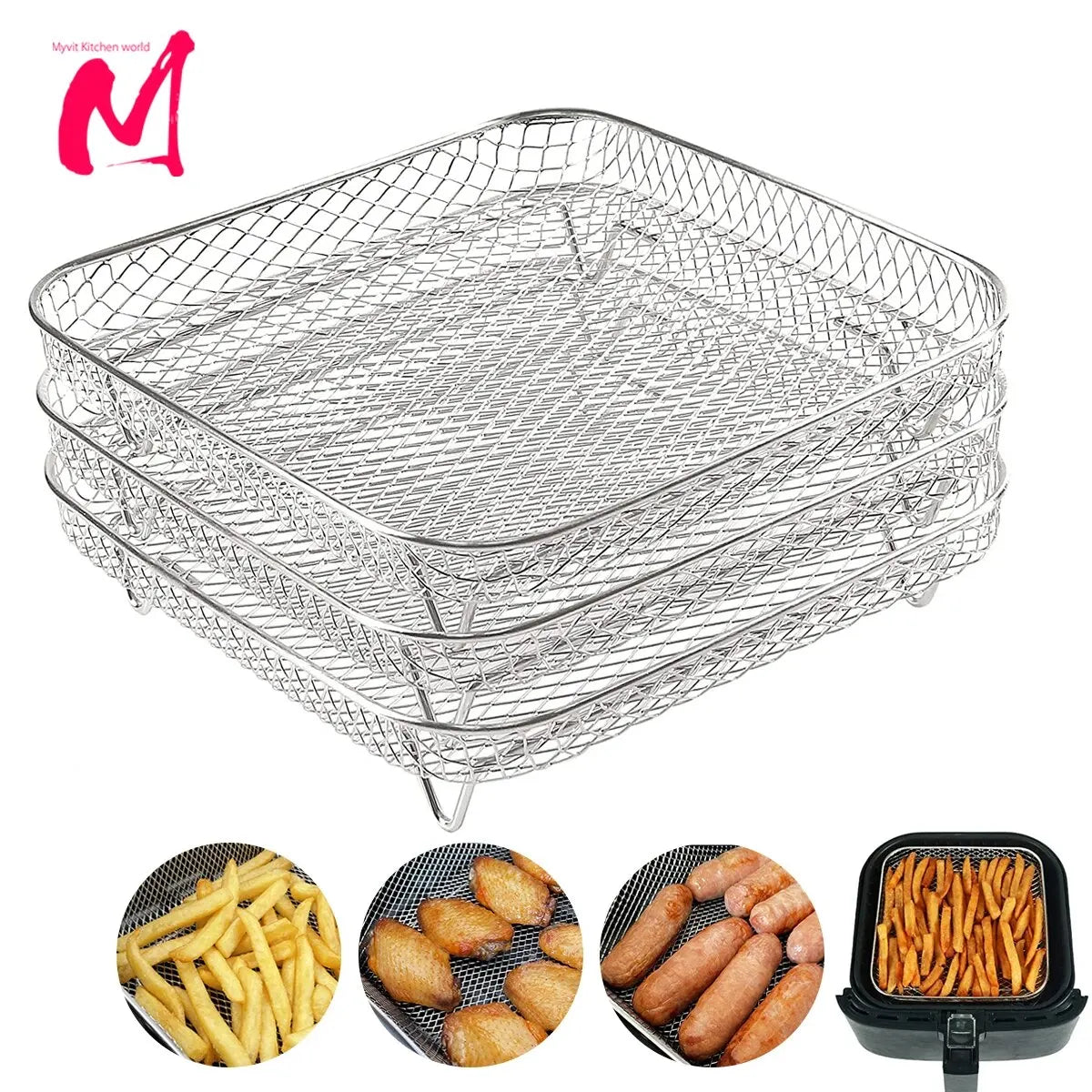 3Layer Air Fryer Racks Stainless Steel Square Air Fryer Basket Tray Stackable Dehydrator Racks Air Fryer Accessories Fit Kitchen