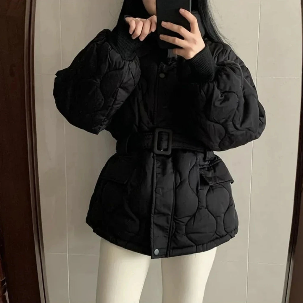 Women Winter Warm Thick Cotton Coat 2025 New Women With Belt Stand Collar Cotton Padded Jacket Korean Loose Women Parka Outwear