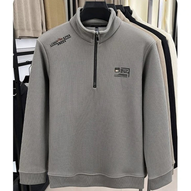 Men's Fleece Liner Sweatshirts Vintage Half Zipper Print Plaid Texture Thick Wool Warm Pullover Luxury Turtleneck Sweatshirts