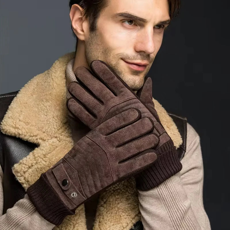 Gloves Men's Winter Cycling Motorcycle Windproof Cold Insulation Warm Leather Touch Screen Anti-Slip Thick Pile
