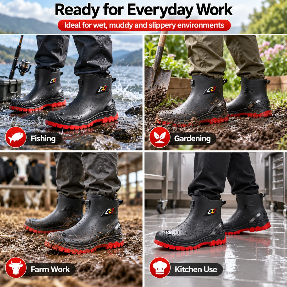 Men's Rain Boots Waterproof Rubber Work Boots Anti-Slip Fishing Gardening Farm Kitchen Outdoor Shoes