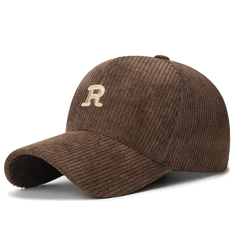Fall and Winter Accessory Corduroy Baseball Cap with 3D Embroidered 'R' Letter Solid Color Adjustable Structured Hat