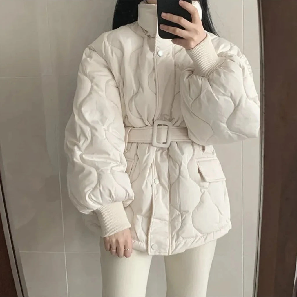 Women Winter Warm Thick Cotton Coat 2025 New Women With Belt Stand Collar Cotton Padded Jacket Korean Loose Women Parka Outwear