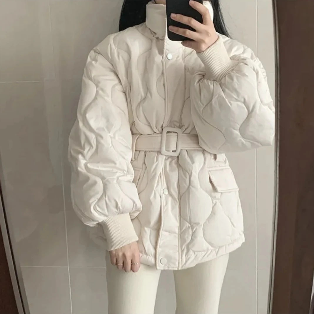 Women Winter Warm Thick Cotton Coat 2025 New Women With Belt Stand Collar Cotton Padded Jacket Korean Loose Women Parka Outwear