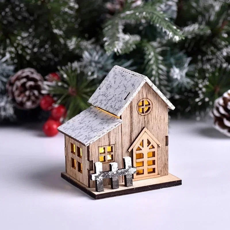 Christmas LED Wooden House Ornament Luminous Cabin Decoration For Home Tabletop Xmas Tree DIY Decor Kids Gift New Year