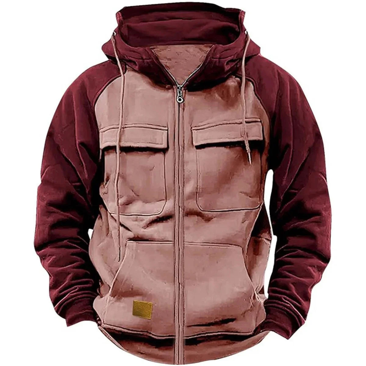 Model Retro Workwear Hooded Sweatshirt, Men's Zipper solid-color Warm Sports Shirt With Multiple Pockets Hooded Jacket