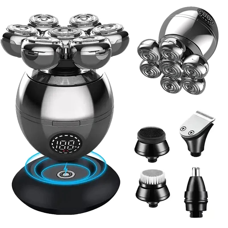 5 In 1 Electric Head Shaver for Bald Men 7D Floating Cutter Beard Trimmer Clipper IPX5 Waterproof Shaving USB Wireless Charging