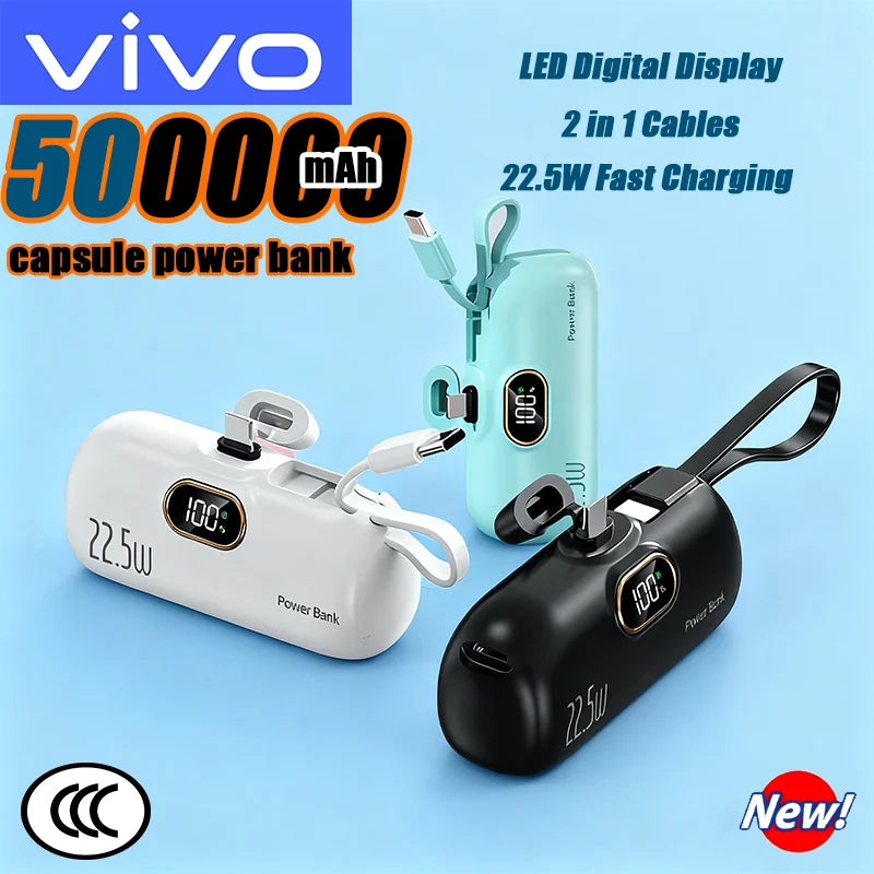 VIVO 500000mAh Mini Power Bank Fast Charging Portable Charger 22.5W Lighting Type-c for iPhone Huawei Emergency External Battery