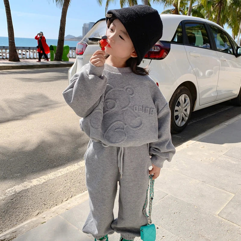 3-8 Years Girls Casual Clothing Set Spring Autumn New Cartoon Bear Pri ...