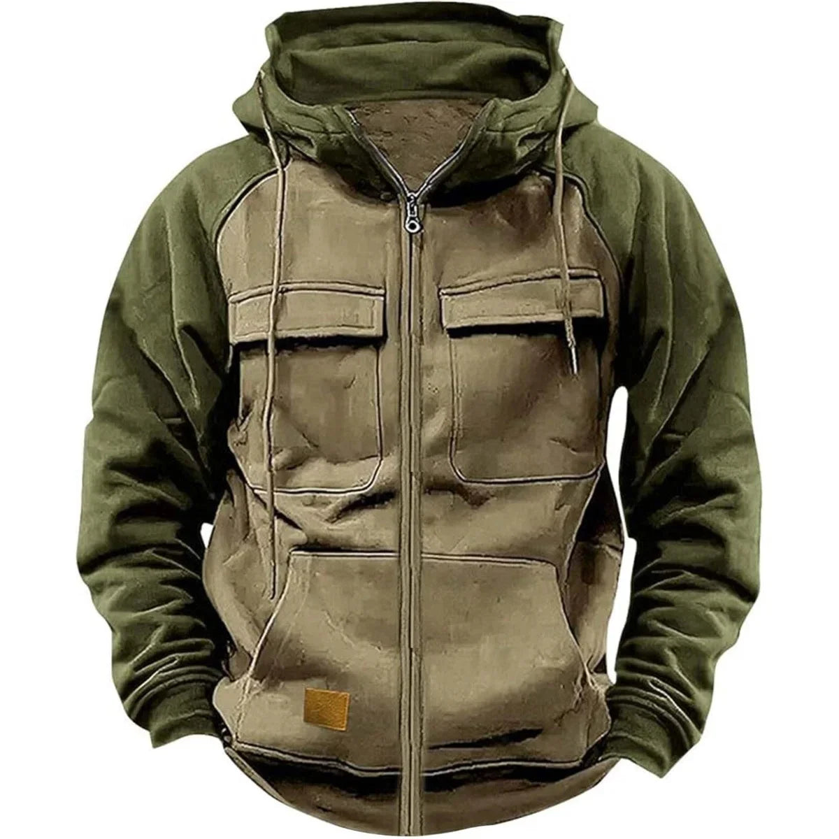 Model Retro Workwear Hooded Sweatshirt, Men's Zipper solid-color Warm Sports Shirt With Multiple Pockets Hooded Jacket