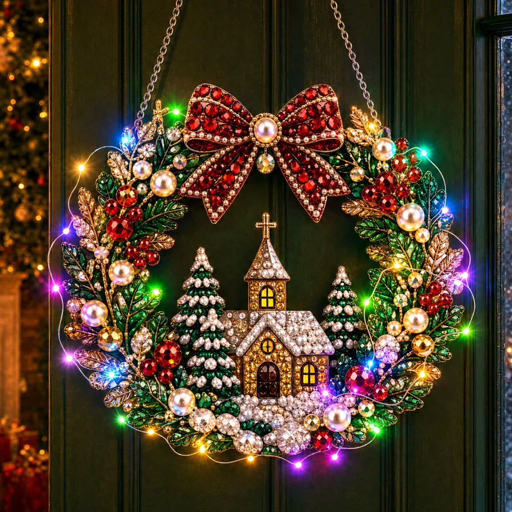 Christmas DIY Diamond Painting Wreath 25cm With LED Lights Double‑Sided Print Single‑Side Diamond Inlay Xmas Front Door Wall