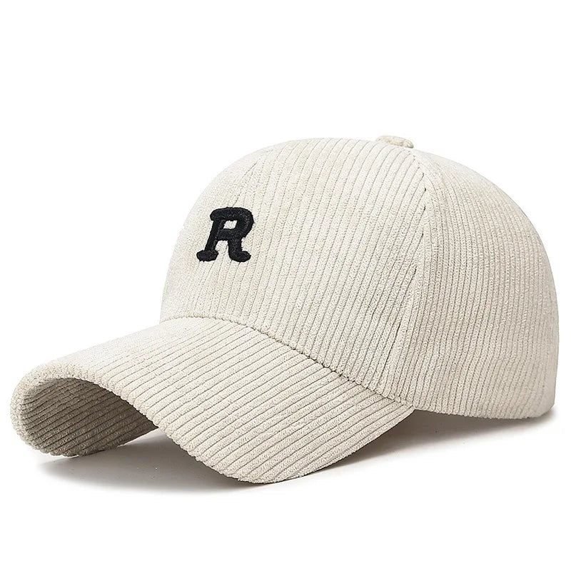 Fall and Winter Accessory Corduroy Baseball Cap with 3D Embroidered 'R' Letter Solid Color Adjustable Structured Hat