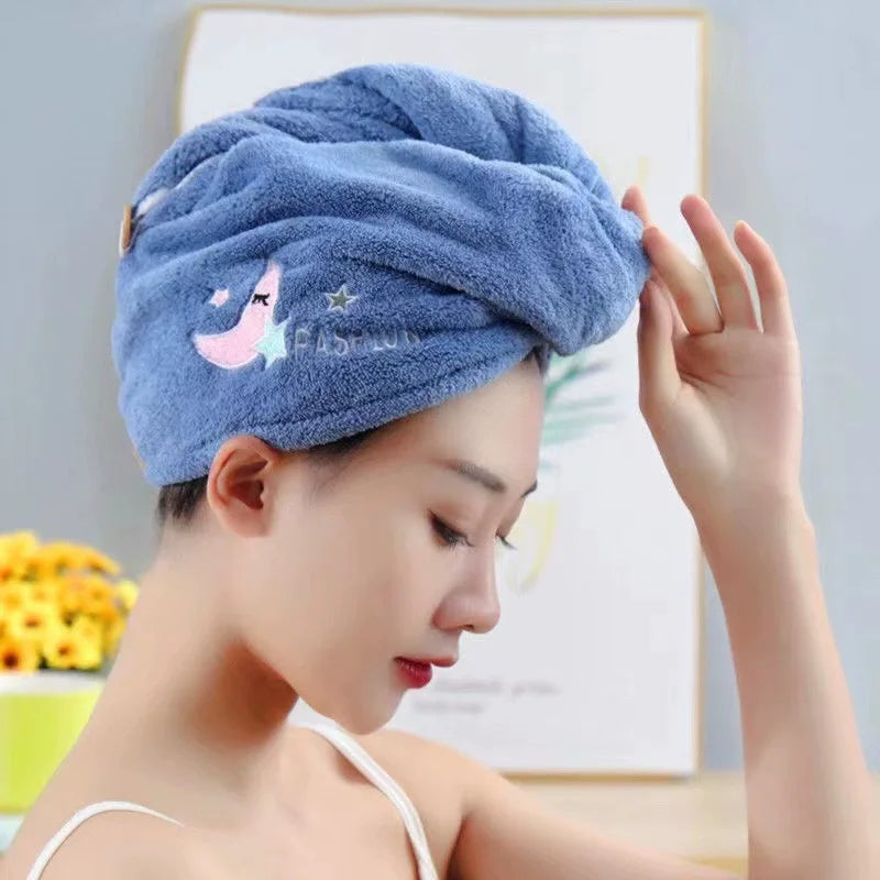 Coral Plush Thick Dry Hair Cap Cartoon Embroidery Absorbent Triangle Cap Women's Bath Cap Absorbent Dry Hair Towel
