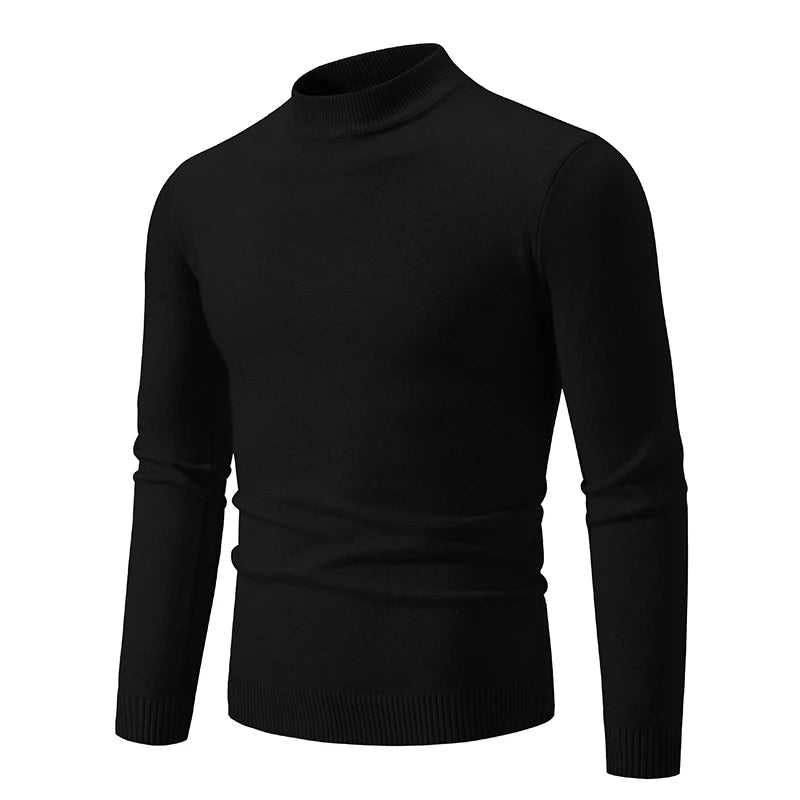 Autumn New Sweater Men's Half High Neck Basic Solid Color Casual Versatile Round Neck Knit with Slim Fit Elastic Sweater Inside