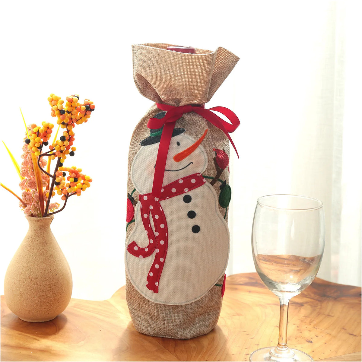 2pcs Christmas Wine Bottle Gift Bags Burlap Reusable Fabric Drawstring with Blank Labels & Rope Ideal for Christmas Gifting D