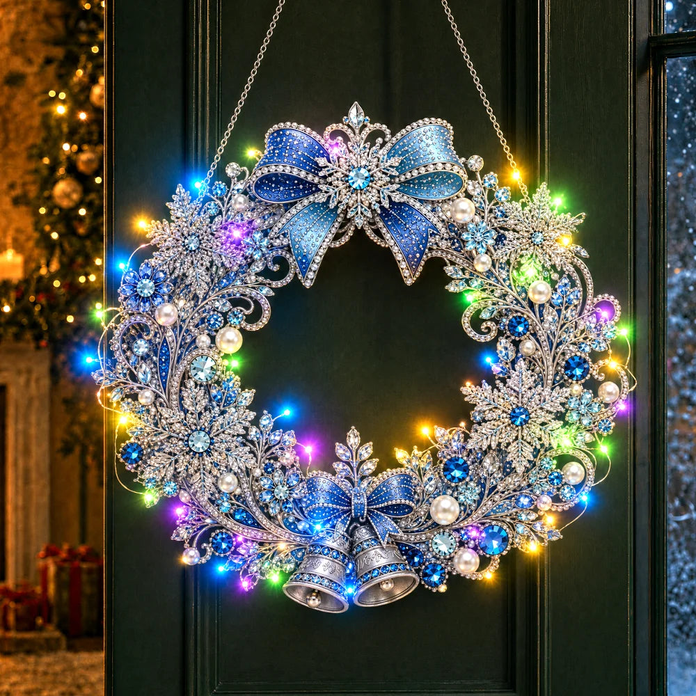 Christmas DIY Diamond Painting Wreath 25cm With LED Lights Double‑Sided Print Single‑Side Diamond Inlay Xmas Front Door Wall