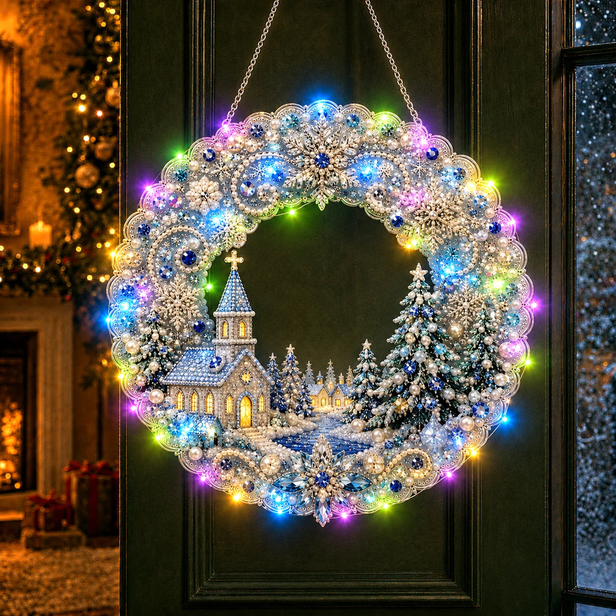 Christmas DIY Diamond Painting Wreath 25cm With LED Lights Double‑Sided Print Single‑Side Diamond Inlay Xmas Front Door Wall