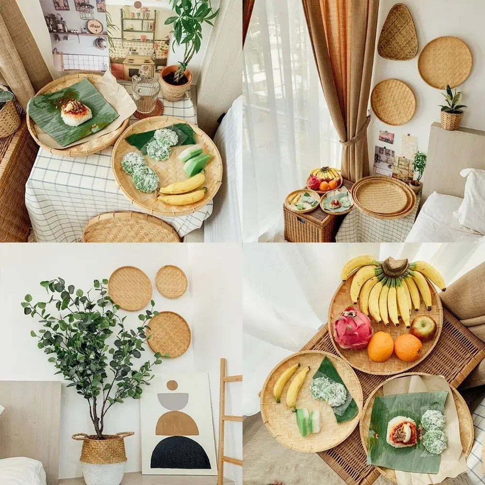 4 Size Hand-woven Bamboo Sieve Hand-painted Bamboo Raft Round Dustpan DIY Decorative Fruit Bread Basket Kitchen Storage Tray