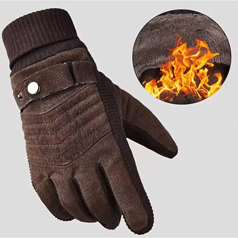 Gloves Men's Winter Cycling Motorcycle Windproof Cold Insulation Warm Leather Touch Screen Anti-Slip Thick Pile