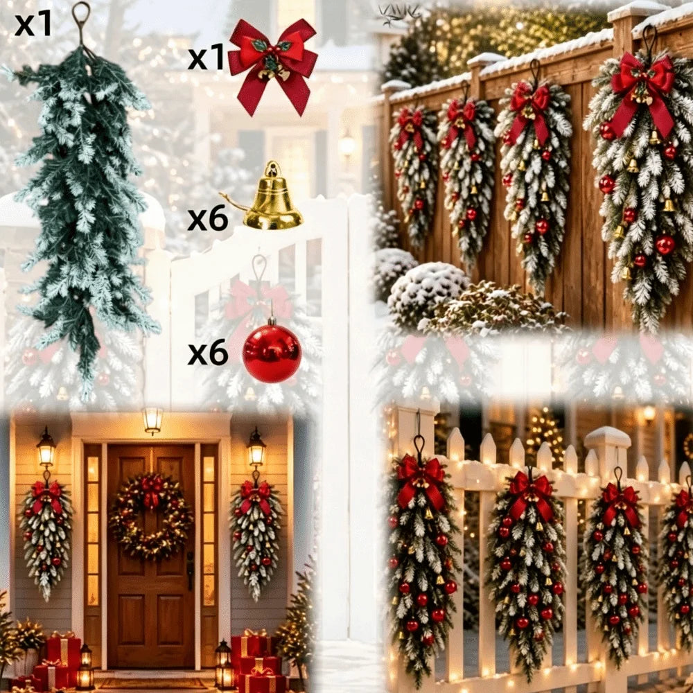 Artificial Christmas Decor Set Plastic Red Bow Norfolk Pine Garland Red Ball Ornaments Golden Ring Bell Holiday Wreath Set