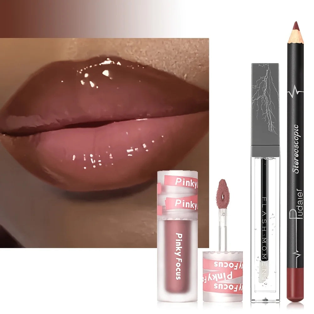 3PCS Glossy Lip Set, Shimmer Lip Gloss + Lip Oil + Lip Liner, Nourishing, Non-Sticky, High Shine, Daily Makeup