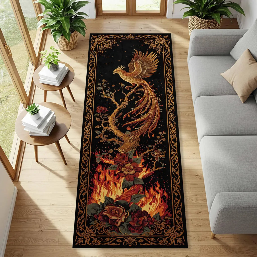 Medieval Dragon Phoenix and Knight Runner Rug Fantasy Entryway Carpet for Gothic Hallways, Bedroom Bedside Extended Floor Mat
