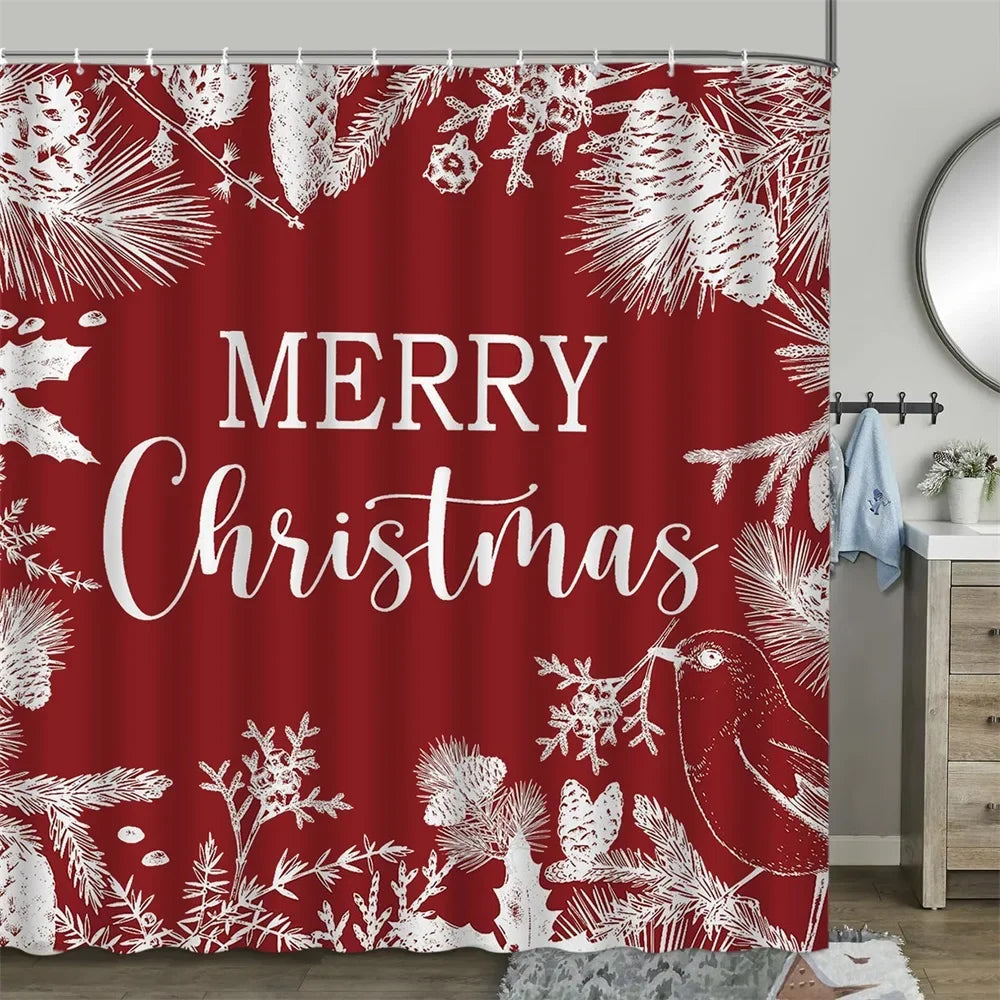 Christmas Shower Curtain, Winter Snowman Farm Christmas Tree Snowflake Santa Claus Dinosaur Farmhouse Truck Bathroom Decor