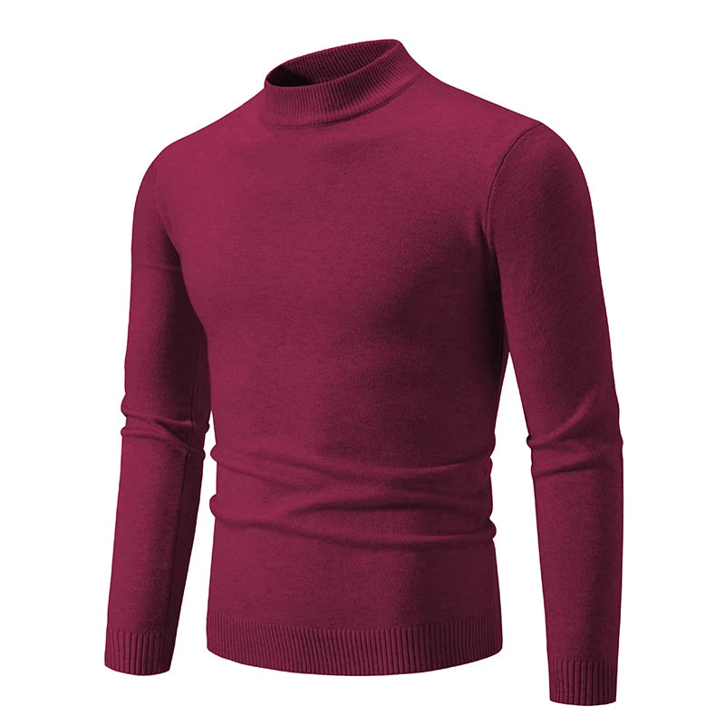 Autumn New Sweater Men's Half High Neck Basic Solid Color Casual Versatile Round Neck Knit with Slim Fit Elastic Sweater Inside