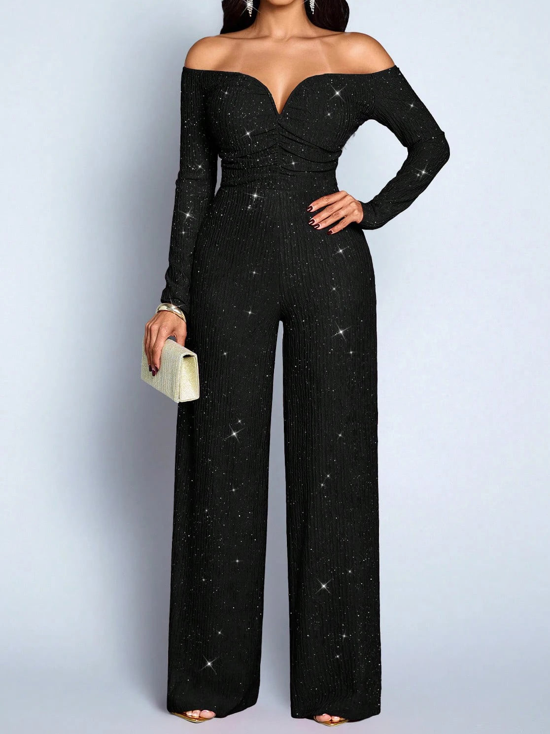 Fashion Slim Long Sleeve Jumpsuits for Women Slash Neck Folds Solid Straight Women Jumpsuit Monos Mujer Elegante