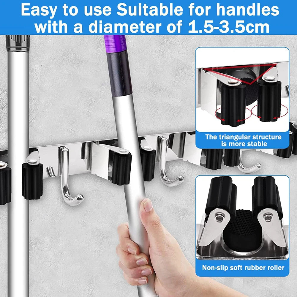 Stainless Steel Mop and Broom Holder Wall Mounted Multi-Functional Bathroom Kitchen Storage Rack Garage Garden Tools Organizer