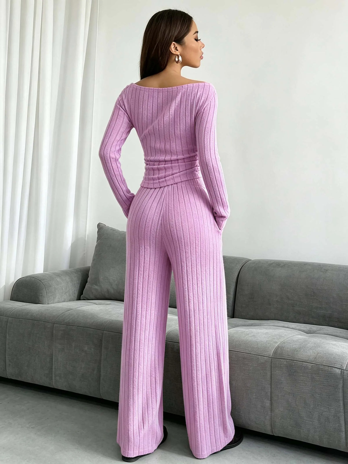Women Ribbed Knit 2 Piece Outfit, Off‑Shoulder Long Sleeve Top & Elastic High Waist Wide Leg Pants with Side Pockets
