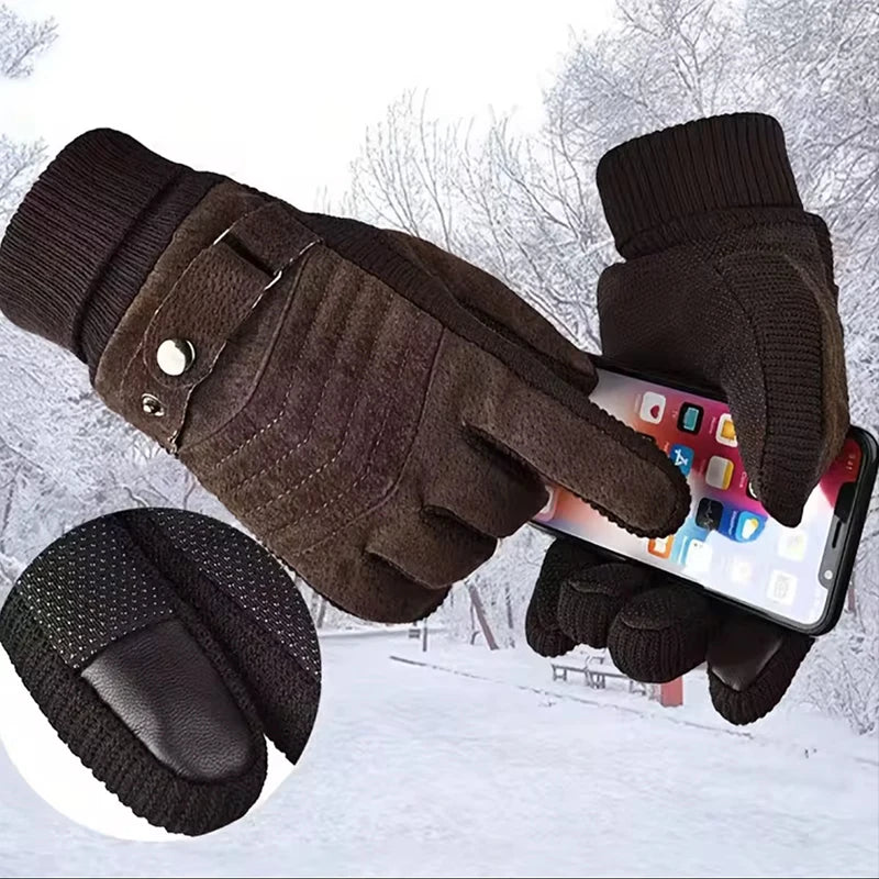 Gloves Men's Winter Cycling Motorcycle Windproof Cold Insulation Warm Leather Touch Screen Anti-Slip Thick Pile