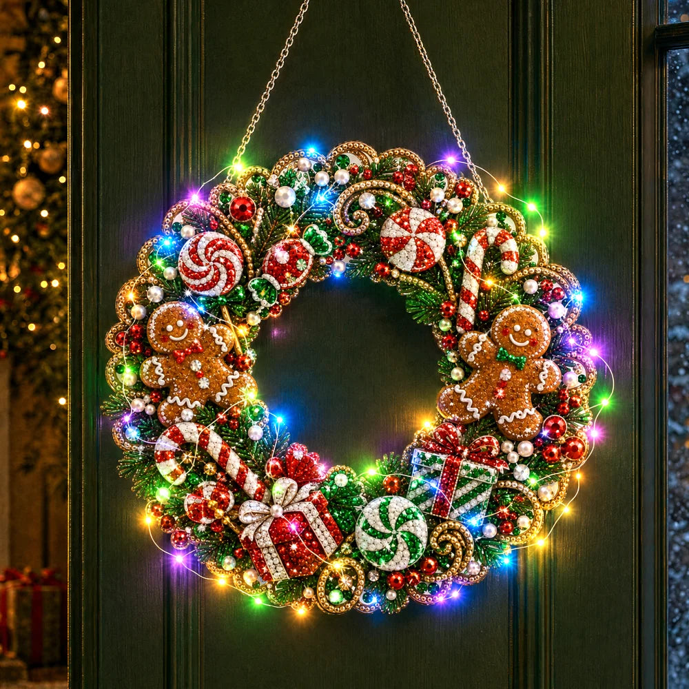 Christmas DIY Diamond Painting Wreath 25cm With LED Lights Double‑Sided Print Single‑Side Diamond Inlay Xmas Front Door Wall
