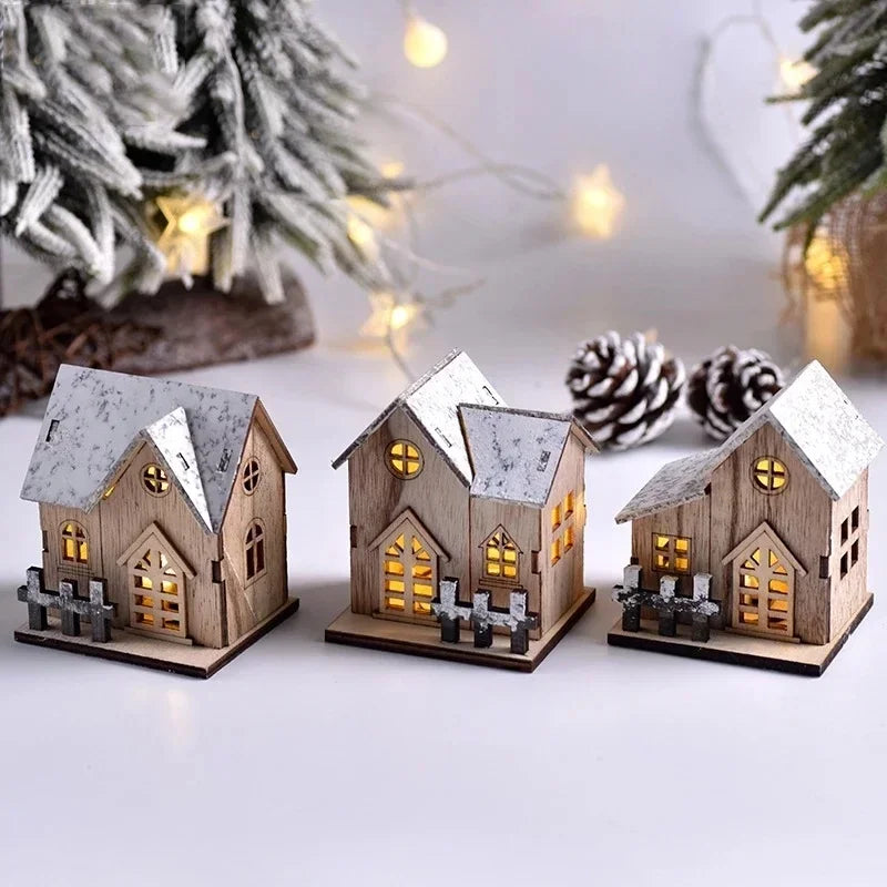 Christmas LED Wooden House Ornament Luminous Cabin Decoration For Home Tabletop Xmas Tree DIY Decor Kids Gift New Year