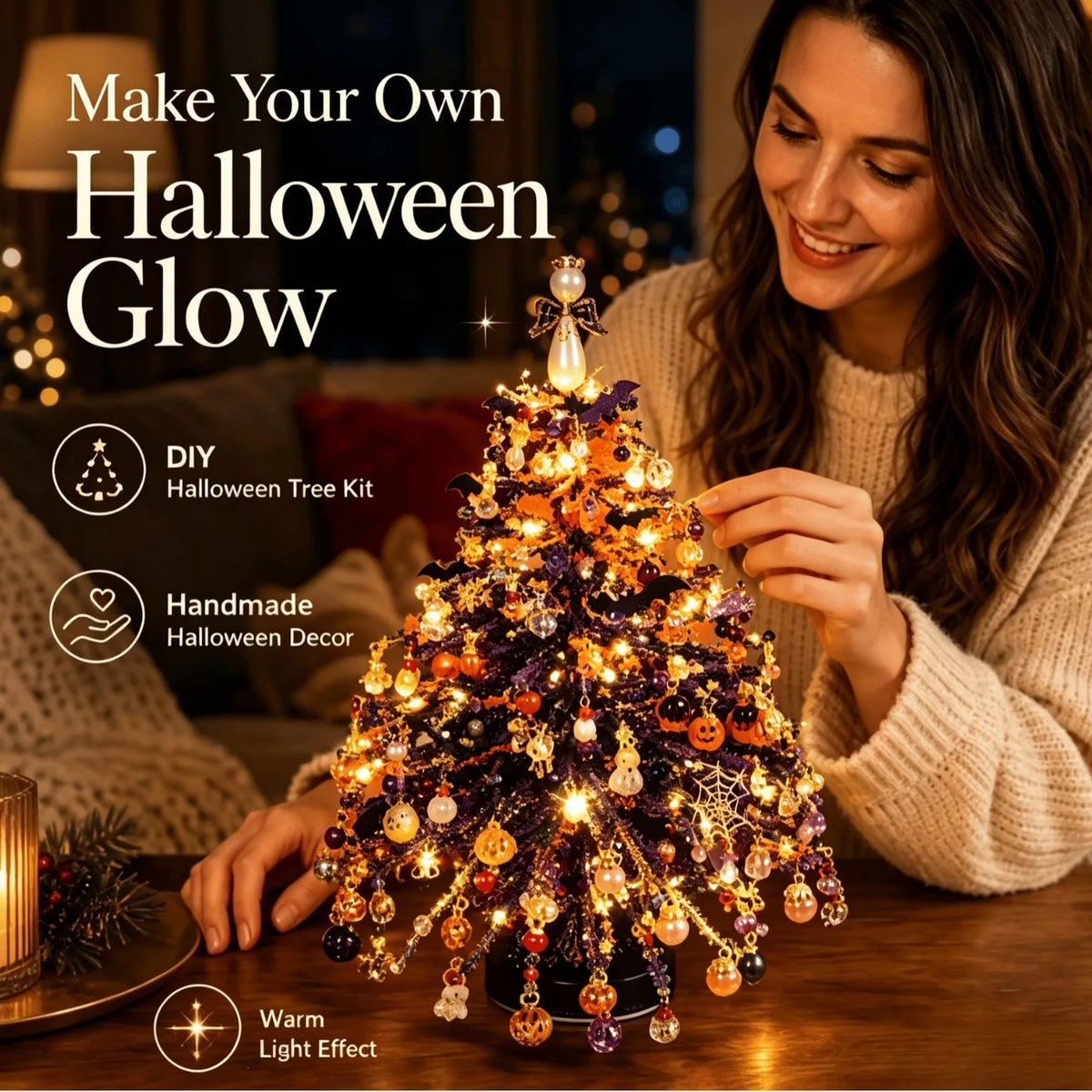 DIY Beaded Christmas Tree Kit with Lights for Adults, Tabletop Decor DIY Set Christmas Halloween Ornaments Xmas Decor