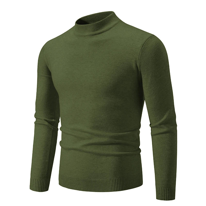 Autumn New Sweater Men's Half High Neck Basic Solid Color Casual Versatile Round Neck Knit with Slim Fit Elastic Sweater Inside