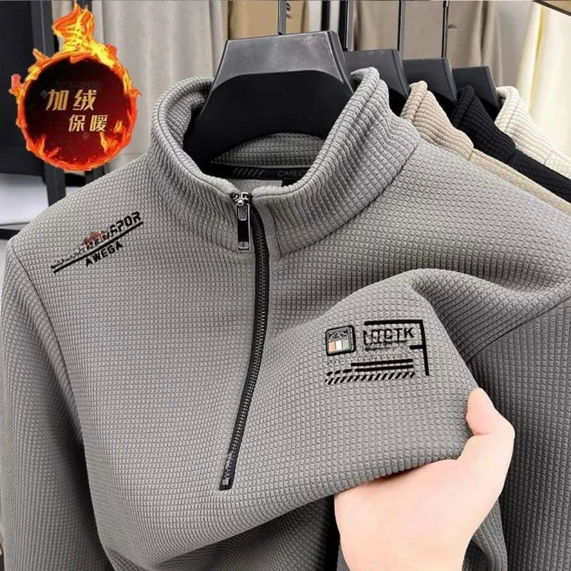 Men's Fleece Liner Sweatshirts Vintage Half Zipper Print Plaid Texture Thick Wool Warm Pullover Luxury Turtleneck Sweatshirts