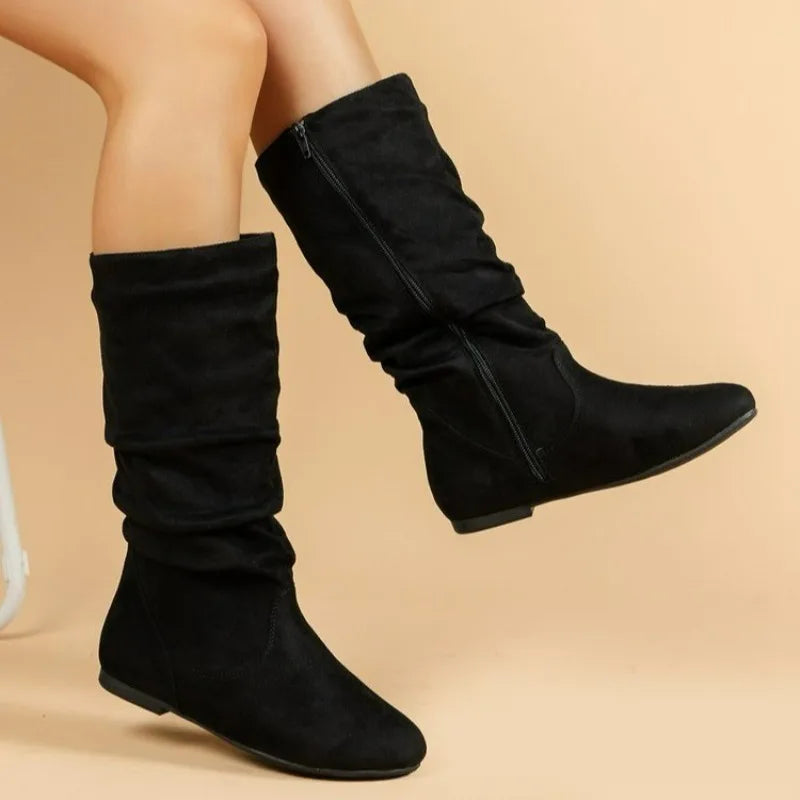 Fashion Faux Suede Mid-calf Boots for Women Plus Size Autumn and Winter New Round Toe Side Zipper Pleated Flat Boots Botas Mujer