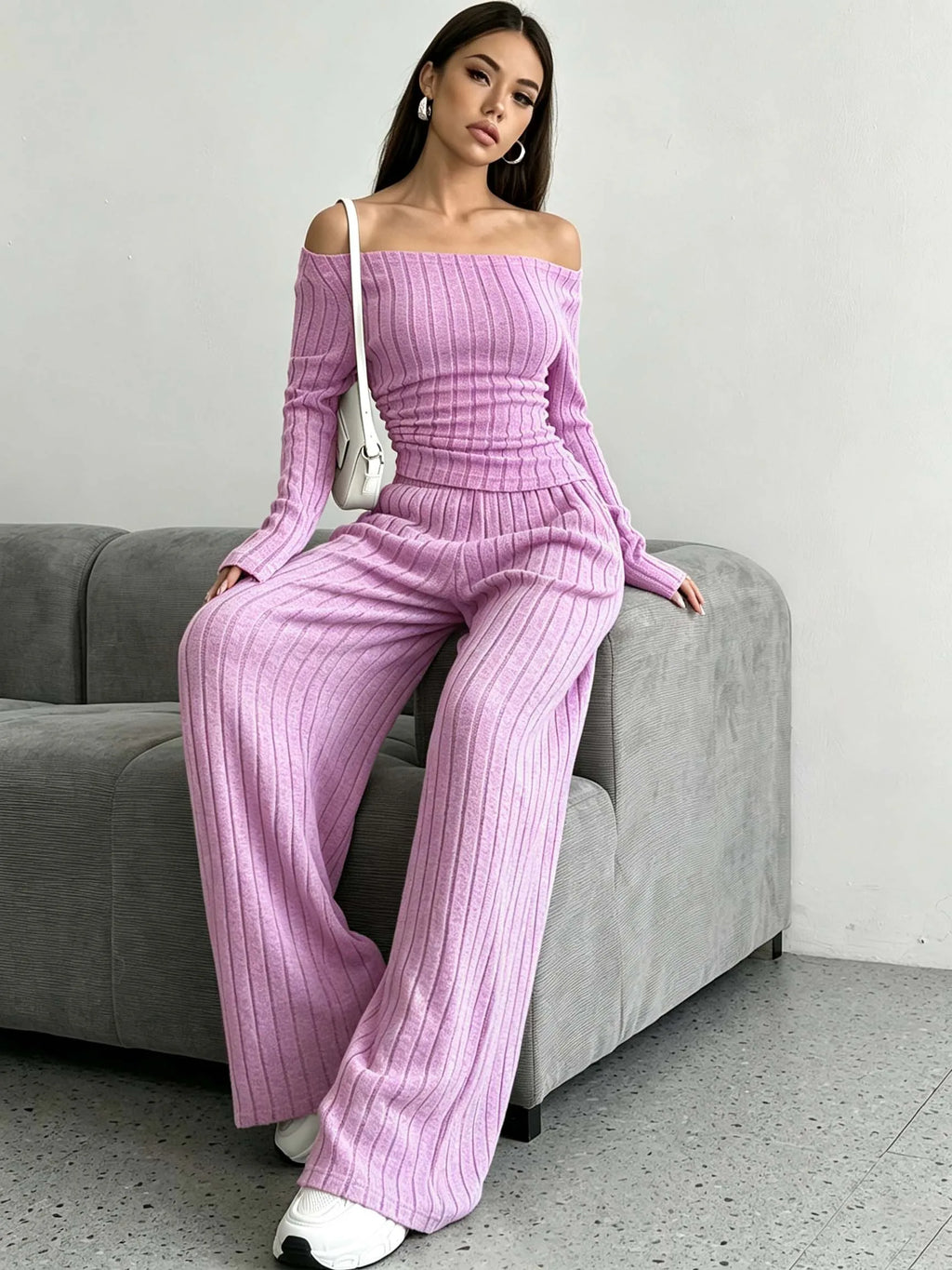 Women Ribbed Knit 2 Piece Outfit, Off‑Shoulder Long Sleeve Top & Elastic High Waist Wide Leg Pants with Side Pockets