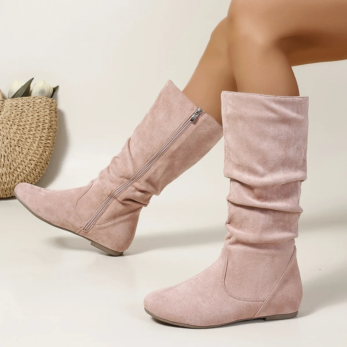 Fashion Faux Suede Mid-calf Boots for Women Plus Size Autumn and Winter New Round Toe Side Zipper Pleated Flat Boots Botas Mujer