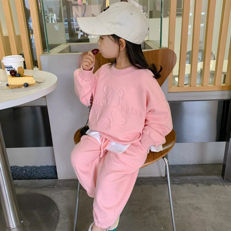 3-8 Years Girls Casual Clothing Set Spring Autumn New Cartoon Bear Pri ...