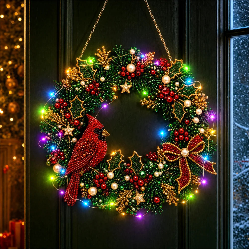 Christmas DIY Diamond Painting Wreath 25cm With LED Lights Double‑Sided Print Single‑Side Diamond Inlay Xmas Front Door Wall