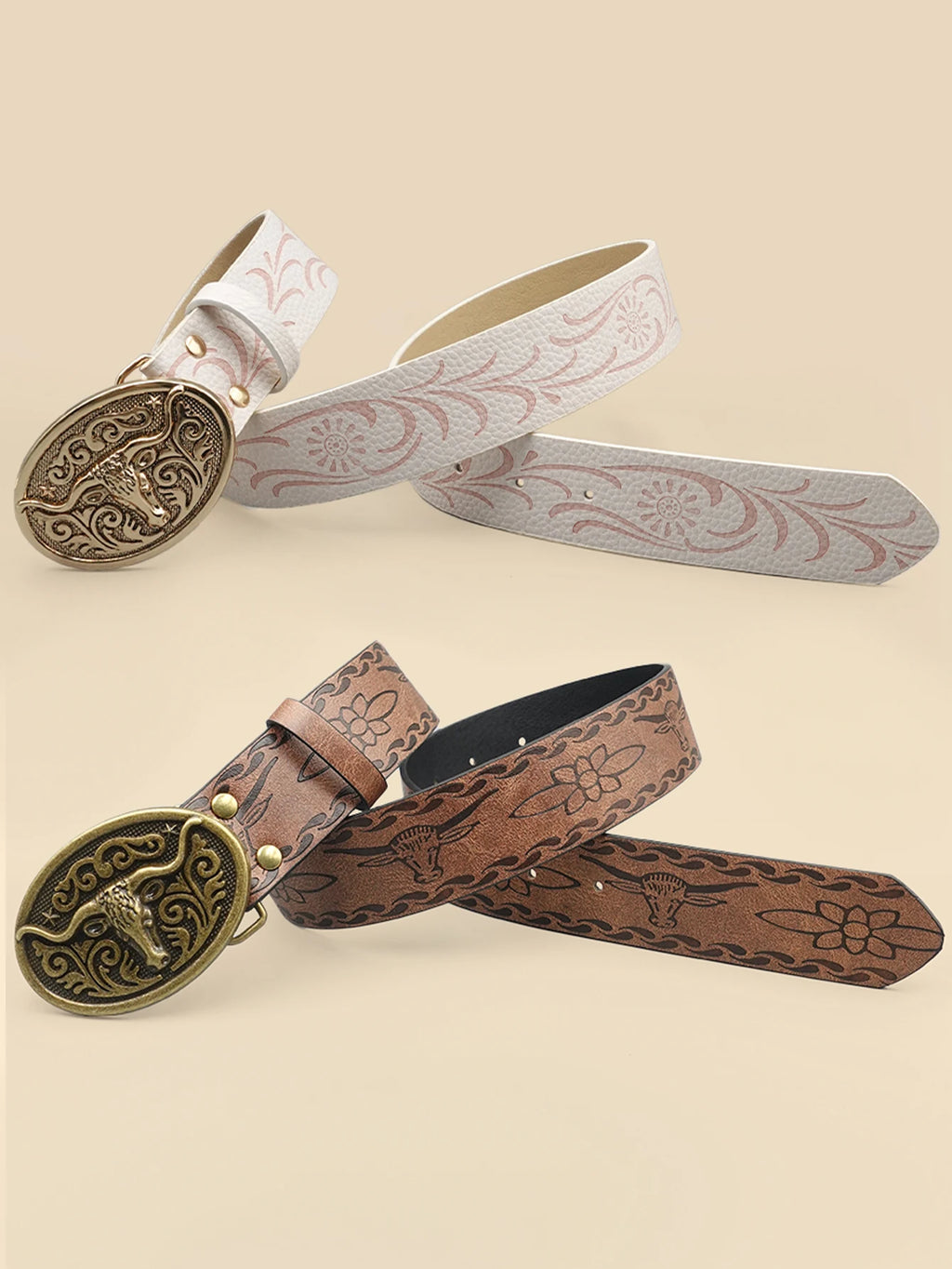 Western Cowboy Style Vintage Casual Belt - Ox Head Carved Buckle & Bohemian Print, Perfect for Daily Commute & Dating Outfits