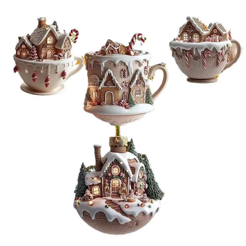 Christmas Tree Decorations 2D Acrylic Flat Cottage Warm Little Coffee Cup Hanging Pendant Ornaments New Year Home Party Decor